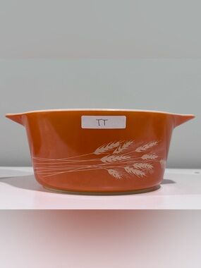 Pyrex 474 Orange Autumn Harvest Wheat Pattern Casserole Dish